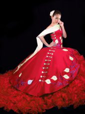 Enchanting V-neck Sleeveless Sweet 16 Dress Brush Train Embroidery and Ruffles Red Taffeta