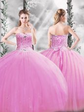 Sleeveless Floor Length Beading Lace Up Sweet 16 Dress with Lilac