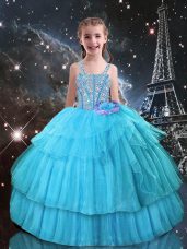 Great Floor Length Ball Gowns Sleeveless Aqua Blue Little Girls Pageant Gowns Lace Up