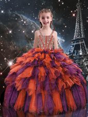 Floor Length Lace Up Kids Pageant Dress Rust Red for Quinceanera and Wedding Party with Beading and Ruffles