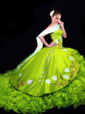 Yellow Green Lace Up Sweetheart Embroidery and Ruffles Quinceanera Gown Organza Sleeveless Brush Train