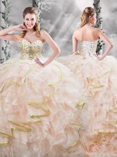 Custom Design Sweetheart Sleeveless Organza Quinceanera Gown Beading and Ruffles Brush Train Lace Up