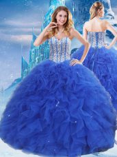 Royal Blue Sleeveless Beading and Ruffles and Sequins Floor Length Sweet 16 Dresses