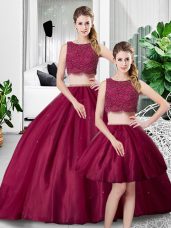 Deluxe Sleeveless Tulle Floor Length Zipper 15th Birthday Dress in Fuchsia with Lace and Ruching