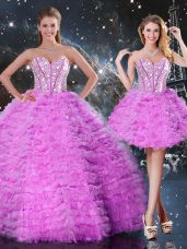 Fuchsia Ball Gowns Sweetheart Sleeveless Organza Floor Length Lace Up Beading and Ruffled Layers Quinceanera Dress