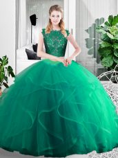 Chic Turquoise Sleeveless Floor Length Lace and Ruffles Zipper Quinceanera Dress