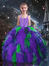 Sleeveless Floor Length Beading and Ruffles Lace Up Little Girls Pageant Gowns with Eggplant Purple