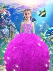 Top Selling Floor Length Fuchsia Kids Pageant Dress Organza Sleeveless Beading and Ruffles