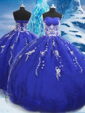 Blue Ball Gowns Appliques 15th Birthday Dress Lace Up Organza Sleeveless Floor Length
