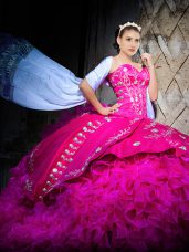 Dramatic Fuchsia Organza Lace Up Sweetheart Sleeveless Quinceanera Gowns Brush Train Embroidery and Ruffles