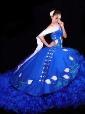 Sexy Lace Up Quinceanera Dress Royal Blue for Military Ball and Sweet 16 and Quinceanera with Embroidery and Ruffles Brush Train