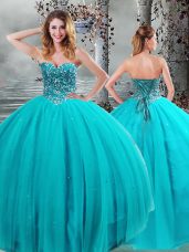 Admirable Aqua Blue Ball Gowns Sweetheart Sleeveless Tulle Floor Length Lace Up Beading Quince Ball Gowns