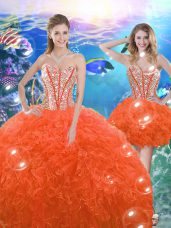 Orange Red Organza Lace Up Quinceanera Dress Sleeveless Floor Length Beading and Ruffles
