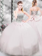 Sexy Pink Sleeveless Brush Train Beading and Bowknot Quinceanera Dress