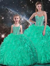 Best Beading and Ruffles 15th Birthday Dress Turquoise Lace Up Sleeveless Floor Length