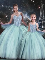 Artistic Light Blue Ball Gowns Tulle Sweetheart Sleeveless Beading Floor Length Lace Up Quince Ball Gowns