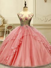 Classical Watermelon Red Sleeveless Appliques Floor Length Quinceanera Dress