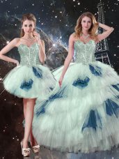 Unique Floor Length Blue And White Sweet 16 Dresses Tulle Sleeveless Ruffled Layers