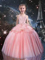 Glorious Rose Pink Lace Up Straps Beading Pageant Gowns For Girls Tulle Sleeveless