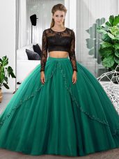 Sophisticated Dark Green Tulle Backless Scoop Long Sleeves Floor Length Quince Ball Gowns Lace and Ruching
