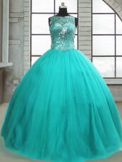 Pretty Turquoise Tulle Lace Up Sweet 16 Dress Sleeveless Floor Length Beading