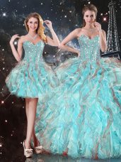 Classical Aqua Blue Quinceanera Gown Military Ball and Sweet 16 and Quinceanera with Beading and Ruffles Sweetheart Sleeveless Lace Up