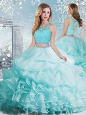 Glittering Scoop Sleeveless Organza 15th Birthday Dress Beading and Ruffles and Pick Ups Clasp Handle