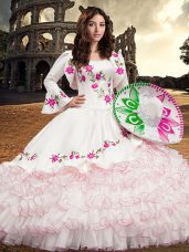 White Lace Up Vestidos de Quinceanera Embroidery and Ruffled Layers Long Sleeves Floor Length