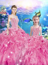 Comfortable Rose Pink Ball Gowns Sweetheart Sleeveless Organza Floor Length Lace Up Beading and Ruffles Quinceanera Gown