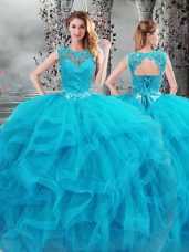 New Arrival Beading and Ruffles Quinceanera Dresses Baby Blue Lace Up Sleeveless Floor Length