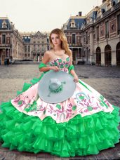 Floor Length Lace Up 15th Birthday Dress Green for Military Ball and Sweet 16 and Quinceanera with Embroidery and Ruffled Layers