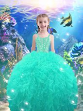 Turquoise Straps Neckline Beading Pageant Gowns For Girls Sleeveless Lace Up