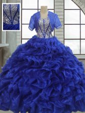 Royal Blue Ball Gowns Organza Sweetheart Short Sleeves Ruffles Floor Length Lace Up 15th Birthday Dress