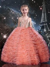 Watermelon Red Ball Gowns Straps Sleeveless Tulle Floor Length Lace Up Beading and Ruffled Layers Kids Formal Wear