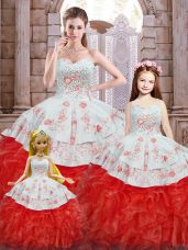 Excellent Floor Length Lace Up Quince Ball Gowns White And Red for Military Ball and Sweet 16 and Quinceanera with Beading and Appliques and Ruffles