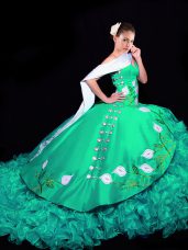 Elegant Turquoise Sweetheart Lace Up Embroidery and Ruffles Sweet 16 Dress Brush Train Sleeveless