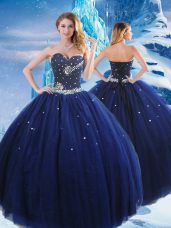 High End Navy Blue Ball Gowns Beading Quinceanera Dresses Lace Up Tulle Sleeveless Floor Length