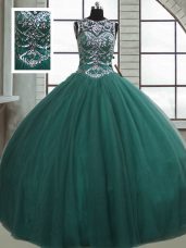 Dark Green Sleeveless Floor Length Beading Lace Up Quinceanera Dress