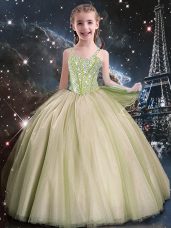Floor Length Lace Up Flower Girl Dress Yellow Green for Quinceanera and Wedding Party with Beading