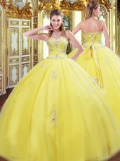 Yellow Ball Gowns Sweetheart Sleeveless Tulle Floor Length Lace Up Beading and Appliques Quinceanera Dresses