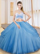 Floor Length Baby Blue Quinceanera Gown Tulle Sleeveless Beading and Ruching and Pick Ups