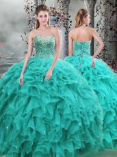 Fantastic Floor Length Turquoise 15 Quinceanera Dress Organza Sleeveless Beading and Ruffles
