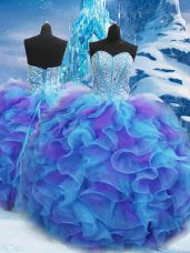 Fancy Blue Organza Lace Up Quinceanera Gown Sleeveless Floor Length Beading and Ruffles