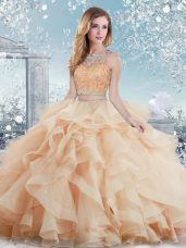Peach Sweet 16 Quinceanera Dress Military Ball and Sweet 16 with Beading and Ruffles Scoop Sleeveless Clasp Handle
