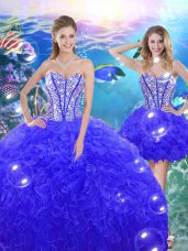 Fantastic Blue Ball Gowns Beading and Ruffles 15th Birthday Dress Lace Up Organza Sleeveless Floor Length