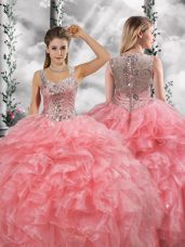 Noble Watermelon Red Sleeveless Organza Zipper Quinceanera Gown for Military Ball and Sweet 16 and Quinceanera