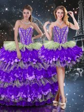 Latest Multi-color Sweetheart Neckline Beading and Ruffles and Ruffled Layers Sweet 16 Dresses Sleeveless Lace Up