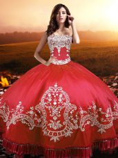 Traditional Coral Red Quince Ball Gowns Military Ball and Sweet 16 and Quinceanera with Beading and Appliques and Embroidery Strapless Sleeveless Lace Up