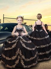 Excellent Taffeta Spaghetti Straps Sleeveless Lace Up Embroidery and Ruffled Layers Child Pageant Dress in Black