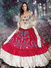 Red Vestidos de Quinceanera Military Ball and Sweet 16 and Quinceanera with Embroidery and Ruffled Layers Off The Shoulder Sleeveless Lace Up